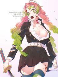 Rule 34 | 1girl, angry, belt, black skirt, blood, blood on arm, blood on face, blood on hands, blood on leg, braid, breasts, breasts apart, collarbone, commentary request, cowboy shot, cuts, furrowed brow, gesugao, gradient hair, green eyes, green hair, holding, holding weapon, injury, jacket, kanroji mitsuri, katana, kimetsu no yaiba, large breasts, long hair, long sleeves, looking at viewer, looking down, miniskirt, mizuki mau, mole, mole under eye, multicolored hair, multiple braids, open clothes, open jacket, open mouth, open shirt, pink hair, pleated skirt, skirt, solo, sword, thighhighs, torn clothes, twitter username, v-shaped eyebrows, weapon, white belt, zettai ryouiki