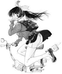 Rule 34 | 1girl, absurdres, ass, backpack, bag, clothes lift, earrings, gagaimo, garter straps, glasses, greyscale, hair ribbon, highres, hover bike, jewelry, leaning forward, long hair, long sleeves, looking at viewer, looking back, miniskirt, monochrome, opened by self, original, panties, pleated skirt, polka dot, polka dot panties, polka dot ribbon, ponytail, ribbon, riding, round eyewear, school uniform, shoes, skindentation, skirt, skirt lift, solo, sweater, thighhighs, traditional media, underwear, wind, wind lift