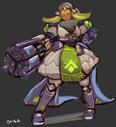 Rule 34 | 1girl, arm cannon, breasts, clenched hand, coattails, cubu3, curvy, dark-skinned female, dark skin, eyeshadow, facial mark, full body, green hair, grey background, half-closed eyes, large breasts, makeup, mecha musume, orisa (overwatch), overwatch, overwatch 1, pelvic curtain, personification, solo, weapon, whisker markings, yellow eyes