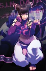 Rule 34 | 1girl, baggy pants, bare shoulders, barefoot, beckoning, black hair, breasts, capcom, chinese clothes, drill hair, dudou, feet, fingerless gloves, gloves, halterneck, halterneck, han juri, large breasts, lips, lipstick, makeup, midriff, nail polish, navel, on one knee, pants, pointy hair, purple eyes, purple lips, robaato, sash, short twintails, solo, street fighter, street fighter iv (series), toeless legwear, toenail polish, toenails, twin drills, twintails, zoom layer