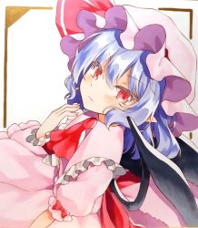 Rule 34 | 1girl, beni kurage, closed mouth, dress, hair between eyes, hand up, hat, highres, looking at viewer, pink dress, pink hat, pink sleeves, purple hair, red eyes, red neckwear, red ribbon, remilia scarlet, ribbon, short hair, short sleeves, simple background, smile, solo, touhou, white background, wings