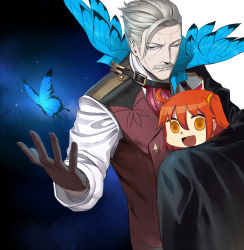 Rule 34 | 1boy, 1girl, :d, ahoge, arm around back, bad id, bad pixiv id, black gloves, blue eyes, bug, butterfly, chibi, closed mouth, facial hair, fate/grand order, fate (series), fujimaru ritsuka (female), gloves, hair between eyes, hair ornament, hand up, highres, insect, james moriarty (archer) (fate), keli bang, looking at viewer, looking back, mustache, one eye closed, open mouth, orange eyes, orange hair, riyo (lyomsnpmp) (style), side ponytail, sidelocks, silver hair, smile, sweat, vest