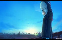 Rule 34 | 10s, 1girl, armband, black shirt, blue eyes, blue sky, blurry, blurry background, cigarette, cityscape, clear sky, closed mouth, commentary, day, depth of field, emblem, frown, girls und panzer, half-closed eyes, head tilt, highres, hood, hoodie, itsumi erika, lens flare, letterboxed, long hair, long sleeves, looking at viewer, mouth hold, outdoors, shirt, silver hair, sky, smoking, solo, standing, sunrise, tacch, twitter username
