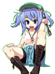 Rule 34 | 1girl, :d, bike shorts, blue eyes, blue hair, boots, clothes around waist, cross-laced footwear, fangs, female focus, gloves, hair bobbles, hair ornament, hat, holding, jacket, jacket around waist, kawashiro nitori, key, knee boots, lace-up boots, matching hair/eyes, open mouth, outline, shamo (koumakantv), simple background, single glove, sitting, skirt, smile, solo, tank top, touhou, twintails, two side up, white background, wrench