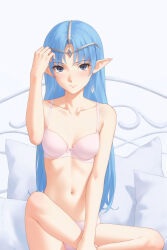 Rule 34 | 1girl, aqua hair, bra, breasts, circlet, closed mouth, commentary, earrings, highres, jewelry, lafiel, long hair, looking at viewer, miura-n315, on bed, panties, pink bra, pink panties, pointy ears, seikai no monshou, seikai no senki, simple background, sitting, small breasts, solo, underwear, underwear only, white background