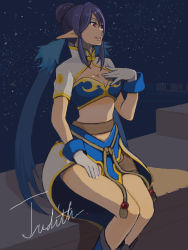 Rule 34 | 00s, 1girl, blue hair, breasts, character name, female focus, gloves, hair bun, judith (tales), long hair, midriff, night, outdoors, red eyes, single hair bun, sitting, skirt, sky, smile, solo, tales of (series), tales of vesperia, tokino (colorseason), twintails, white gloves