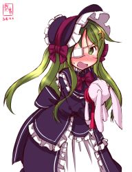 Rule 34 | 1girl, alternate costume, artist logo, black dress, blush, bonnet, commentary request, crescent, crescent hair ornament, crescent pin, dated, dress, embarrassed, eyepatch, frilled dress, frills, gothic lolita, green eyes, green hair, hair ornament, hairband, headdress, highres, kanon (kurogane knights), kantai collection, lolita fashion, lolita hairband, long hair, looking at viewer, medical eyepatch, nagatsuki (kancolle), open mouth, signature, simple background, solo, stuffed animal, stuffed rabbit, stuffed toy, white background