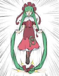 Rule 34 | 1girl, absurdly long hair, arm ribbon, black footwear, boots, bow, commentary request, dress, frilled dress, frilled ribbon, frills, green eyes, green hair, hair bow, hair ribbon, highres, holding, holding hair, jump rope, jumping, kagiyama hina, long hair, looking up, open mouth, peroponesosu., red bow, red dress, red ribbon, red sleeves, ribbon, short sleeves, simple background, solo, sweat, touhou, very long hair, white background, white frills