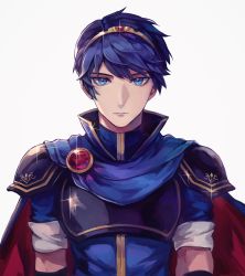 Rule 34 | 1boy, aokamei, armor, blue eyes, blue hair, breastplate, cape, crown, fire emblem, fire emblem: mystery of the emblem, fire emblem: new mystery of the emblem, fire emblem: shadow dragon, fire emblem: shadow dragon and the blade of light, highres, looking at viewer, male focus, marth (fire emblem), nintendo, pauldrons, portrait, shoulder armor, simple background, solo, white background