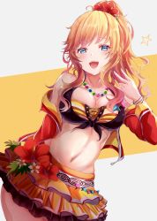 Rule 34 | 1girl, :d, absurdres, arm behind back, bad id, bad pixiv id, bare shoulders, bead necklace, beads, bikini, blonde hair, blue eyes, blush, breasts, cleavage, collarbone, commentary request, contrapposto, cowboy shot, cropped jacket, flower, front-tie bikini top, front-tie top, grey background, hair flower, hair ornament, hand up, hibiscus, highres, idolmaster, idolmaster cinderella girls, jacket, jewelry, large breasts, long hair, long sleeves, looking at viewer, multicolored bikini, multicolored clothes, navel, necklace, off-shoulder jacket, off shoulder, ohtsuki yui, open clothes, open jacket, open mouth, orange skirt, ponytail, red flower, red jacket, sa-ya2, skirt, smile, solo, star (symbol), star print, stomach, striped bikini, striped clothes, swimsuit, teeth, upper teeth only, v, wavy hair