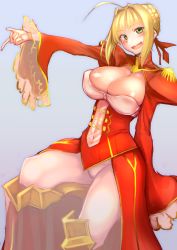 Rule 34 | 10s, 1girl, ahoge, blonde hair, breasts, center opening, cowboy shot, dress, epaulettes, fate/extra, fate (series), green eyes, hair intakes, highres, kagami uekusa, large breasts, lock, nero claudius (fate), nero claudius (fate) (all), nero claudius (fate/extra), open mouth, padlock, ponytail, red dress, see-through, skindentation, solo, standing, standing on one leg, veil