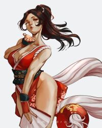 Rule 34 | 1girl, bare shoulders, blowing kiss, breasts, brown eyes, brown hair, cleavage, fatal fury, hand fan, highres, large breasts, lips, long hair, looking at viewer, one eye closed, pelvic curtain, ponytail, ramandraws, shiranui mai, sleeveless, the king of fighters, wide hips, wink