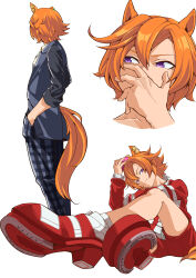 Rule 34 | 1girl, absurdres, animal ears, crown, dogeyama um, hands in pockets, highres, horse ears, horse girl, horse tail, horseshoe, jacket, looking at viewer, looking to the side, mini crown, multiple views, orange hair, pants, plaid, plaid pants, purple eyes, red footwear, red jacket, red shorts, red track suit, short hair, shorts, simple background, solo, t.m. opera o (umamusume), tail, tracen training uniform, track jacket, umamusume, white background