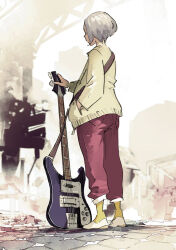 Rule 34 | 1girl, bass guitar, blurry, blurry background, fender precision bass, grey hair, hand in pocket, instrument, long sleeves, original, pants, pomodorosa, profile, red pants, shoes, short hair, signature, socks, solo, standing, sweater, tile floor, tiles, white footwear, yellow socks