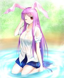 Rule 34 | 1girl, animal ears, breasts, rabbit ears, cleavage, collarbone, eeryuu (2004107), grass, hand in own hair, highres, in water, light frown, light purple hair, long hair, looking at viewer, one eye closed, pleated skirt, red eyes, reisen udongein inaba, short sleeves, sitting, skirt, solo, touhou, very long hair, wariza, wet, wet clothes