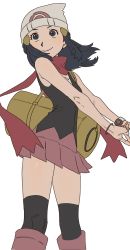Rule 34 | 1girl, akushitsu ningen, bad id, bad twitter id, bag, beanie, black hair, black shirt, black thighhighs, boots, bracelet, commentary request, creatures (company), dawn (pokemon), duffel bag, floating hair, game freak, hat, highres, jewelry, korean commentary, long hair, nintendo, over-kneehighs, pokemon, pokemon dppt, poketch, red scarf, scarf, shirt, skirt, sleeveless, sleeveless shirt, solo, stretching, thighhighs, watch, white hat, wristwatch, yellow bag