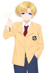 Rule 34 | 1boy, absurdres, blazer, blonde hair, blue eyes, blue pants, clannad, commentary request, cowboy shot, eyes visible through hair, grin, hair between eyes, hand in pocket, hand up, highres, hikarizaka private high school uniform, jacket, long sleeves, looking at viewer, necktie, notice lines, otou (otou san), pants, red necktie, school uniform, short hair, smile, solo, standing, sunohara youhei, thumbs up, v-shaped eyebrows, yellow jacket