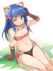 Rule 34 | 1girl, animal ear fluff, animal ears, bikini, bikini top only, blue hair, blush, bow, brown capelet, brown gloves, capelet, cat brooch, cat ears, closed mouth, commentary request, elbow gloves, emurin, feet out of frame, flat chest, gloves, green eyes, hair bow, hand in own hair, highres, long hair, looking at viewer, mage (ragnarok online), majiko (emurin), medium bangs, meme, midriff, navel, one eye closed, pelvic curtain, pink bow, ragnarok online, red bikini, red skirt, showgirl skirt, sitting, skirt, smile, solo, swimsuit, twitter rabbit ears (meme)
