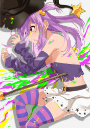 Rule 34 | 1girl, broken, broken weapon, detached sleeves, hat, highres, lying, magia record: mahou shoujo madoka magica gaiden, mahou shoujo madoka magica, mamadasky, misono karin, on side, paint, paint splatter, purple hair, red eyes, solo, star (symbol), striped clothes, striped thighhighs, tearing up, thighhighs, unworn cape, weapon, witch hat