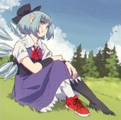 Rule 34 | 1girl, asymmetrical legwear, blue bow, blue dress, blue eyes, blue hair, blue sky, bow, cirno, cirno day, closed mouth, cloud, collared shirt, commentary, detached wings, dress, english commentary, forest, full body, hair bow, highres, ice, ice wings, mismatched legwear, nature, outdoors, pointy ears, red footwear, seiza, shirt, shoes, short hair, short sleeves, sitting, sky, smile, sneakers, solo, touhou, ultragruntyy, white shirt, wings