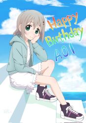 Rule 34 | 1girl, birthday, blush, character name, cloud, dated, day, dot nose, english text, grey hair, hair ornament, hairclip, happy birthday, highres, looking at viewer, medium hair, no socks, shoes, sitting, sky, smile, sneakers, solo, stairs, su6546age, yama no susume, yukimura aoi
