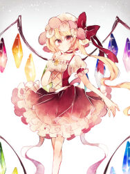 Rule 34 | 1girl, adapted costume, back bow, blonde hair, bow, collar, collarbone, commentary, crystal, dress, feet out of frame, flandre scarlet, frilled sleeves, frills, gradient background, grey background, hair between eyes, hat, hat bow, hat ribbon, highres, large bow, looking at viewer, medium hair, mob cap, multicolored wings, one side up, pinafore dress, puffy short sleeves, puffy sleeves, ratto (mobilis 1870), red bow, red collar, red dress, red eyes, red ribbon, ribbon, shirt, short sleeves, simple background, sleeve ribbon, sleeveless, sleeveless dress, solo, touhou, white background, white bow, white hat, white shirt, wings