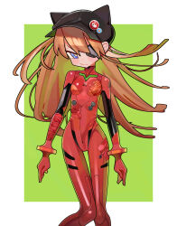 Rule 34 | 1girl, absurdres, black hat, blue eyes, bodysuit, closed mouth, cowboy shot, eyepatch, gloves, hat, highres, latex, latex bodysuit, latex gloves, neon genesis evangelion, one eye covered, plugsuit, red gloves, red hair, saaal653, simple background, solo, souryuu asuka langley