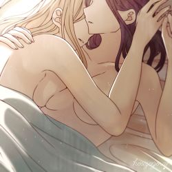 Rule 34 | 2girls, aftersex, blonde hair, breasts, brown hair, closed eyes, head out of frame, hoshizora no shita, long hair, multiple girls, nude, on bed, original, parted lips, under covers, yuri