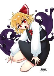 Rule 34 | 1girl, black skirt, black vest, blonde hair, collared shirt, darkness, full body, hair ribbon, highres, long sleeves, looking at viewer, open mouth, pointy ears, red eyes, red ribbon, ribbon, rumia, shirt, short hair, signature, skirt, solo, touhou, vest, white background, white shirt, yomogi 0001