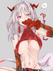 Rule 34 | 1girl, an fyhx, arknights, arm up, armpits, bare shoulders, bead bracelet, beads, belt, bracelet, braid, breasts, clothes lift, collarbone, colored skin, dragon girl, dragon horns, dragon tail, earrings, grey background, highres, horns, jewelry, large breasts, lifted by self, long hair, multicolored hair, navel, nian (arknights), no bra, pointy ears, ponytail, purple eyes, red hair, red skin, side braid, silver hair, simple background, sitting, sleeveless, solo, stomach, streaked hair, symbol-only commentary, tail, translation request, twin braids, two-tone hair, underboob, upper body