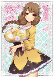 Rule 34 | 1girl, alternate costume, braid, braided ponytail, breasts, brown eyes, brown hair, cleavage, cleavage cutout, clothing cutout, dress, fire emblem, fire emblem engage, flower, goldmary (fire emblem), hair flower, hair ornament, large breasts, low ponytail, nintendo, own hands together, ribbon, virus-g, white ribbon, yellow dress