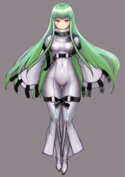 Rule 34 | 1girl, absurdres, breasts, bright pupils, brown eyes, brown pupils, c.c., closed mouth, code geass, covered erect nipples, covered navel, facing viewer, frown, full body, gluteal fold, green hair, grey background, highres, johan (johan13), long hair, long sleeves, looking at viewer, sidelocks, simple background, sleeves past fingers, sleeves past wrists, small breasts, solo, straitjacket, thigh gap, very long hair