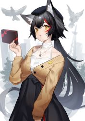 Rule 34 | 1girl, absurdres, animal ear fluff, animal ears, black hair, black skirt, box, brown cardigan, brown eyes, cardigan, cine (wazd0183), commentary request, cowboy shot, gift, gift box, hat, high-waist skirt, highres, holding, holding box, hololive, long hair, long sleeves, looking at viewer, multicolored hair, ookami mio, ookami mio (street), parted lips, ponytail, red hair, shirt, skirt, sleeveless, sleeveless shirt, solo, standing, streaked hair, valentine, very long hair, virtual youtuber, white shirt, wolf ears