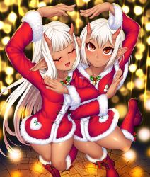 Rule 34 | 2girls, bare legs, bare shoulders, blunt bangs, blush, boots, breasts, brown eyes, child, christmas, closed eyes, curvy, dancing, dark-skinned female, dark skin, demon girl, dress, female focus, from above, happy, highres, horns, lilith-soft, long hair, looking at viewer, multiple girls, oni horns, pointy ears, santa costume, shiny skin, short hair, siblings, sisters, small breasts, smile, sophie (taimanin asagi), taimanin (series), taimanin asagi, taimanin asagi kessen arena, take your pick, thighs, twins, very long hair, white hair, yuphie (taimanin asagi), zol