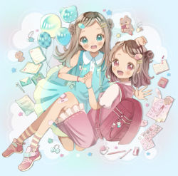Rule 34 | 2girls, :d, :o, absurdres, backpack, bag, bag charm, balloon, bandaid, bandaid on knee, bandaid on leg, bangs pinned back, blue eyes, blush, bracelet, breast pocket, buttons, charm (object), collared dress, double bun, dress, frilled dress, frills, gradient hair, hair bun, hair ornament, hairpin, highres, holding hands, jewelry, knees up, long hair, looking at viewer, medium dress, medium hair, multicolored hair, multiple girls, nagihoko, open mouth, original, outstretched arm, pink eyes, pocket, puffy short sleeves, puffy sleeves, randoseru, seiza, shoes, short sleeves, siblings, sitting, smile, sneakers, stationery, sticker, stuffed animal, stuffed toy, teddy bear, twins