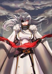 Rule 34 | 1girl, absurdres, azur lane, bad id, bad pixiv id, buckle, buttons, cape, coat, coat dress, double-breasted, floating hair, fur-trimmed cape, fur-trimmed coat, fur trim, hat, high collar, highres, holding, holding scepter, huge filesize, ice, military hat, multiple straps, scepter, snow, sovetskaya rossiya (azur lane), white cape, white coat, white headwear, zawijawa