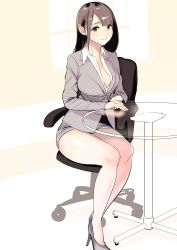 Rule 34 | 1girl, black hair, breasts, business suit, chair, cleavage, collared shirt, dress shirt, dytm, formal, high heels, highres, miniskirt, office chair, office lady, original, pencil skirt, shirt, sitting, skirt, skirt suit, solo, suit, swivel chair, thighs