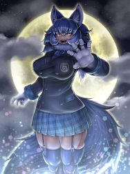 Rule 34 | 1girl, animal ears, arm at side, aura, bad id, bad twitter id, blazer, blue hair, breasts, claw pose, commentary request, dire wolf (kemono friends), feet out of frame, full moon, fur collar, garter straps, gloves, hand up, highres, hkanakakia, jacket, kemono friends, large breasts, lipstick, long hair, long sleeves, looking at viewer, makeup, miniskirt, moon, necktie, night, night sky, open mouth, outdoors, plaid, plaid skirt, pleated skirt, sharp teeth, skirt, sky, slit pupils, smile, solo, standing, star (sky), starry sky, tail, teeth, thick thighs, thighhighs, thighs, v-shaped eyebrows, wolf ears, wolf girl, wolf tail, yellow eyes