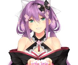 Rule 34 | 1girl, aqua eyes, bare shoulders, bow, breasts, cherry blossoms, cleavage, flower, hair bow, hario 4, highres, holding, holding flower, japanese clothes, kimono, low twintails, nail polish, nijisanji, off shoulder, parted lips, purple hair, purple nails, sakura ritsuki, sakura ritsuki (1st costume), smile, solo, twintails, virtual youtuber, white background, white bow