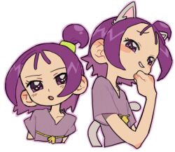 Rule 34 | 1girl, animal ears, blush, cat ears, cat tail, commentary request, cropped torso, dayama, hand on own chin, hand up, kemonomimi mode, looking at viewer, multiple views, ojamajo doremi, one side up, open mouth, purple eyes, purple hair, purple shirt, segawa onpu, shirt, short hair, short sleeves, simple background, smile, smug, tail, upper body, white background