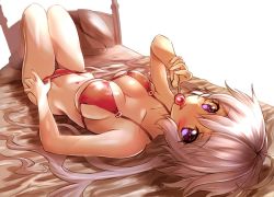 Rule 34 | 1girl, ahoge, bed, bikini, bikini pull, blush, breasts, candy, chupirinko, cleavage, clothes pull, commentary request, food, indoors, large breasts, licking, light purple hair, lollipop, long hair, looking at viewer, low twintails, lying, navel, on back, purple eyes, red bikini, scrunchie, senki zesshou symphogear, solo, swimsuit, tongue, tongue out, twintails, yukine chris
