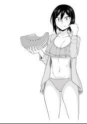 Rule 34 | 1girl, bikini, black hair, breasts, cleavage, female focus, food, fruit, greyscale, highres, hitomi-chan wa hitomishiri, holding, holding food, jacket, licking lips, looking at viewer, midriff, monochrome, neck, open clothes, open jacket, short hair, simple background, solo, swimsuit, takano hitomi, thighs, tomboy, tongue, tongue out, watermelon, white background