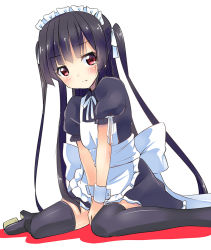 Rule 34 | 1girl, :t, bad id, bad pixiv id, black hair, black thighhighs, blush, hime cut, if they mated, kurou (quadruple zero), maid, maid headdress, original, pout, red eyes, sitting, solo, tears, thighhighs, twintails, two side up, v arms, wariza, white background, wrist cuffs