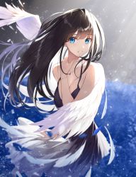 Rule 34 | 1girl, absurdres, angel wings, bare shoulders, black dress, black hair, blue eyes, blush, breasts, cleavage, commentary, cowboy shot, dress, english commentary, feathered wings, gradient background, grey background, hand on own neck, highres, huge filesize, jewelry, light rays, long hair, looking at viewer, medium breasts, necklace, original, parted lips, skirt hold, sleeveless, sleeveless dress, smile, solo, star741, very long hair, white wings, wings