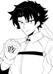 Rule 34 | 1boy, clenched hand, command spell, cosplay, domon kasshu, fate/grand order, fate (series), fingerless gloves, fujimaru ritsuka (male), fujimaru ritsuka (male) (cosplay), g gundam, gloves, greyscale, gundam, hair intakes, halcon, headband, highres, looking at viewer, male focus, monochrome, scar, short hair, solo, source request, upper body