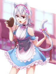 Rule 34 | 1girl, :o, absurdres, accelerator (toaru majutsu no index), albino, ambiguous gender, androgynous, animal ears, apron, bare legs, black choker, blue dress, blurry, blurry background, border, bow, candy, cat ears, cat tail, cherrhara, chocolate, chocolate heart, choker, corset, cowboy shot, detached sleeves, dress, dutch angle, electrodes, expressionless, flat chest, flower, food, frilled dress, frilled sleeves, frills, genderswap, genderswap (mtf), hair between eyes, hair flower, hair ornament, hairband, heart, highres, holding, holding chocolate, holding food, holding own tail, kemonomimi mode, lace-trimmed hairband, lace trim, looking at viewer, maid, maid apron, maid headdress, pale skin, pink hairband, red eyes, short dress, short hair, short sleeves, sidelocks, signature, solo, standing, suzushina yuriko, tail, tail bow, tail ornament, toaru majutsu no index, waist apron, white apron, white border, white hair