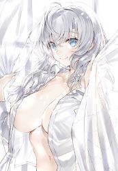 Rule 34 | 1girl, ahoge, blue eyes, blush, bottomless, breasts, cleavage, closed mouth, curtains, hair between eyes, highres, kou mashiro, large breasts, long hair, long sleeves, looking at viewer, naked shirt, navel, no bra, open clothes, open shirt, original, shirt, silver hair, smile, solo, standing, white shirt, white theme, window