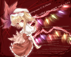 Rule 34 | 1girl, bad id, bad pixiv id, blonde hair, blouse, english text, female focus, flandre scarlet, from side, hair between eyes, hat, mob cap, one side up, red background, red eyes, red theme, ribbon, sasaki kouhei, shirt, side ponytail, solo, touhou, white hat, white shirt, wings