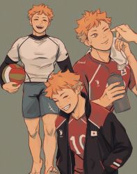 Rule 34 | 1boy, ball, closed mouth, collarbone, curly hair, haikyuu!!, happy, highres, hinata shouyou, holding, holding ball, japanese flag, jersey, laughing, noranb, open mouth, orange eyes, orange hair, pale skin, poking, short hair, shorts, smile, sportswear, sweat, sweatdrop, teeth, towel, volleyball (object), volleyball uniform