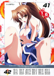 Rule 34 | 1girl, alternate color, breasts, brown eyes, brown hair, cleavage, crossed arms, fatal fury, hand fan, highres, holding, izumi mahiru, large breasts, long hair, looking at viewer, ninja, non-web source, official art, open mouth, pelvic curtain, ponytail, queen&#039;s blade, queen&#039;s gate, revealing clothes, scan, shiranui mai, simple background, sitting, solo, tears, the king of fighters
